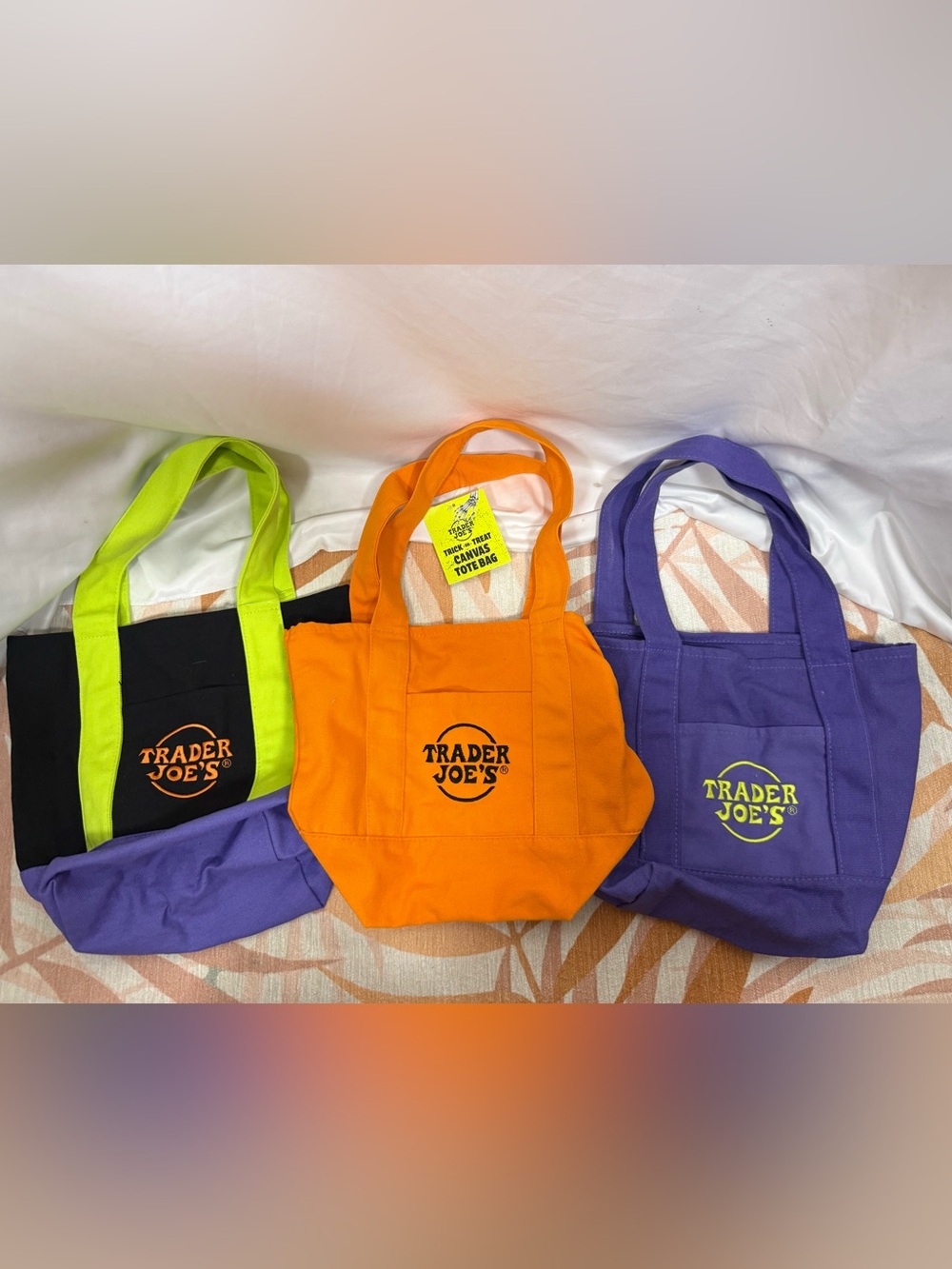 Trader Joe’s Reusable Canvas Mini Tote Bags Set of 3 Halloween Colors NEW